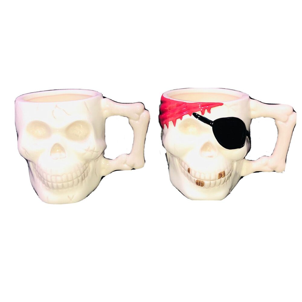 Happy Halloween 3.5” X 5” X 4” Skull Pirate Skull Coffee Mug  Set Of 2 NWT